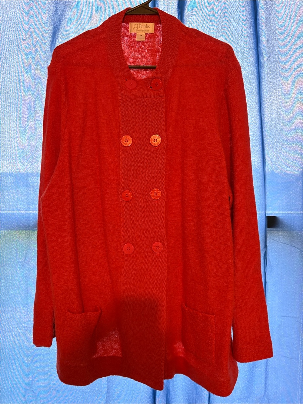 CJ Banks Red Double-Breasted Knit Cardigan